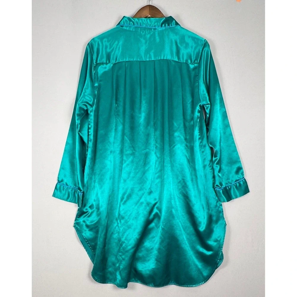 Softly Nightshirt Women Medium Teal Green Excellent Vintage 80s 90s Satin Button